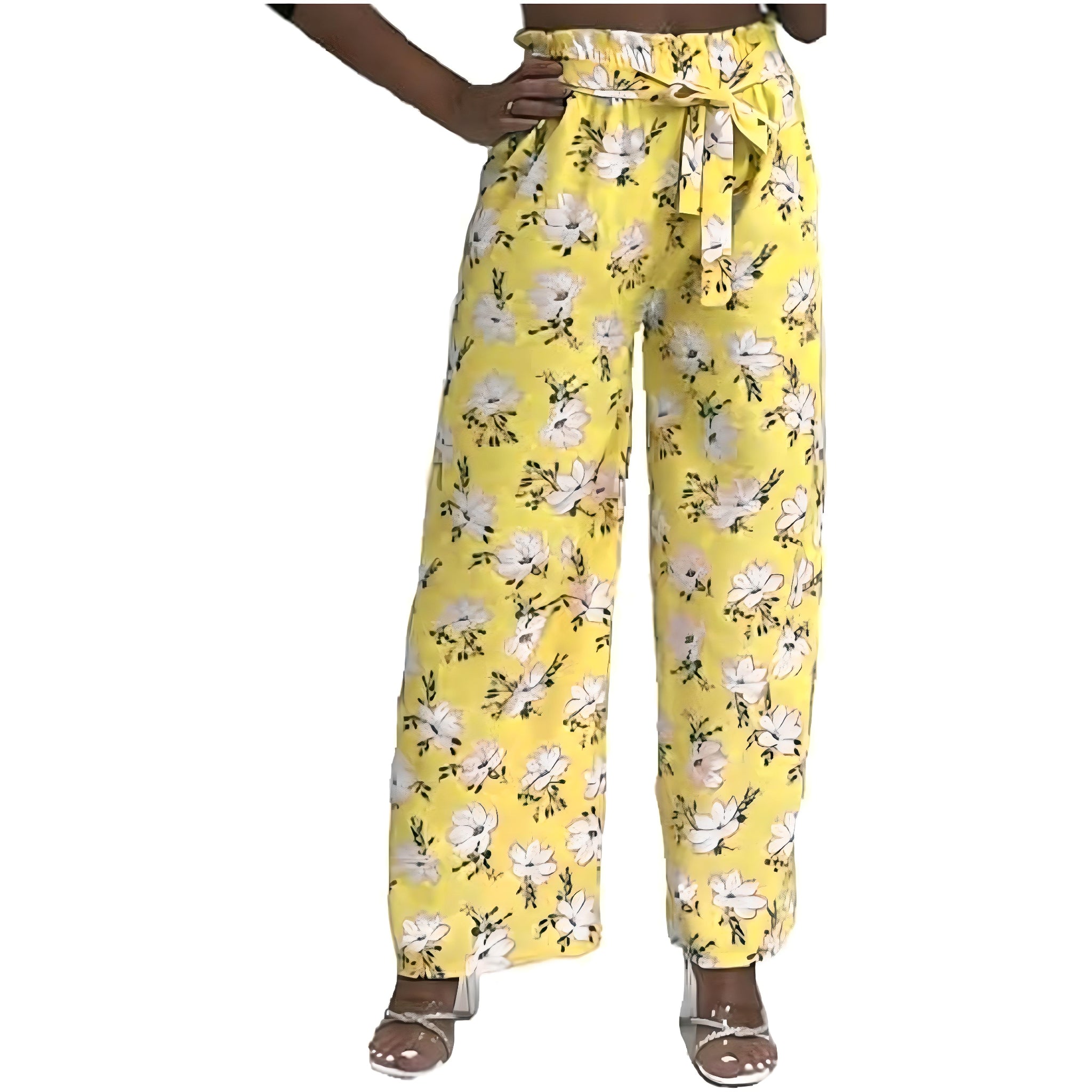 Ladies lemon yellow floral summer trousers wide leg lightweight casual holiday pants with belt